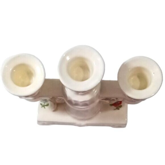 Vintage Czechoslovak Porcelain White 3 Arm Candle Holder Flower Decor Gold Trim - Picture 3 of 8